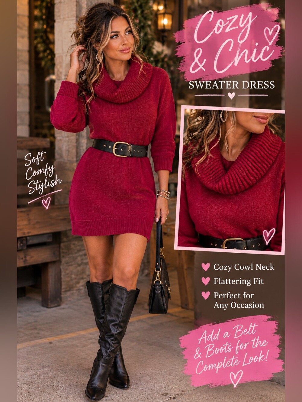 Nina Leonard Burgundy Cowl Neck Sweater Dress